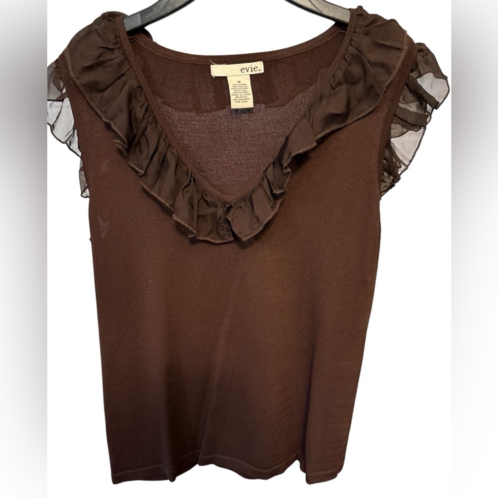 EVIE Chocolate Ruffle Trim Blouse Sz. M EUC